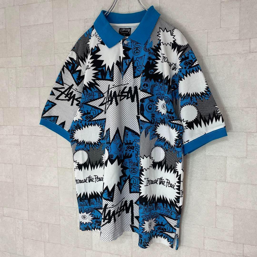 【人気Ｌサイズ】ステューシー☆総柄　半袖ポロシャツ　美品　レアデザイン　476