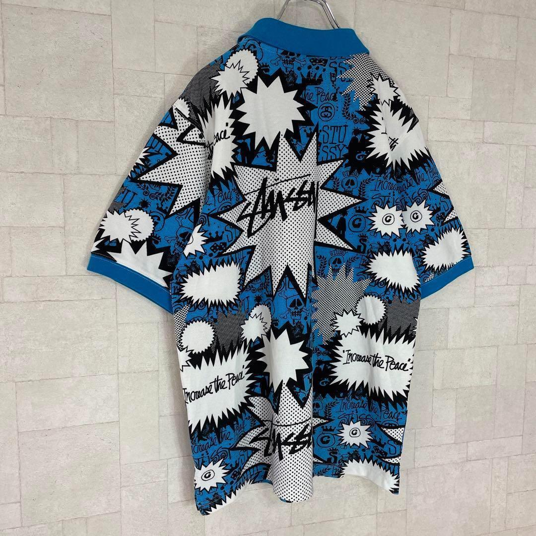 【人気Ｌサイズ】ステューシー☆総柄　半袖ポロシャツ　美品　レアデザイン　476