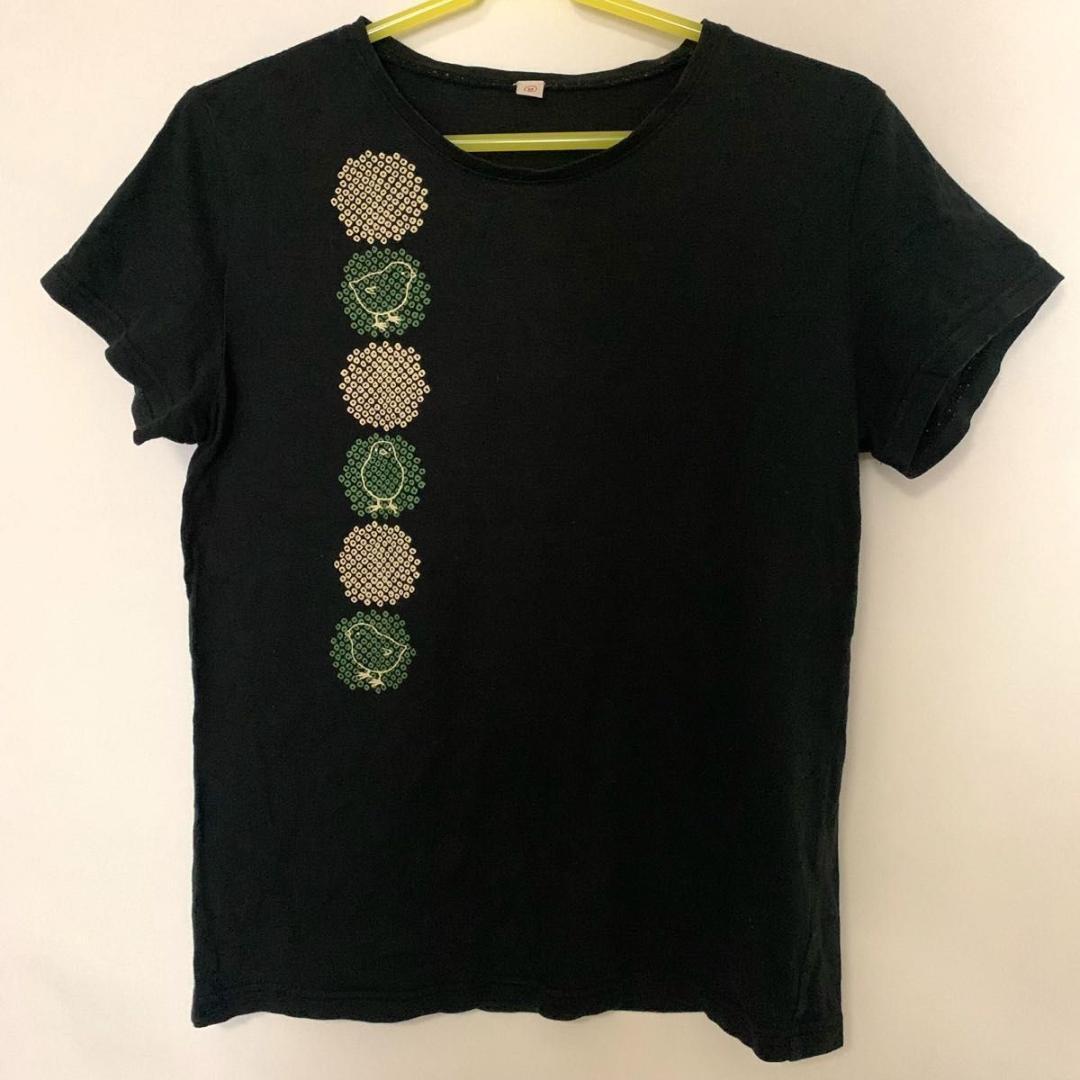ビーズ装飾 黒 半袖 Tシャツ