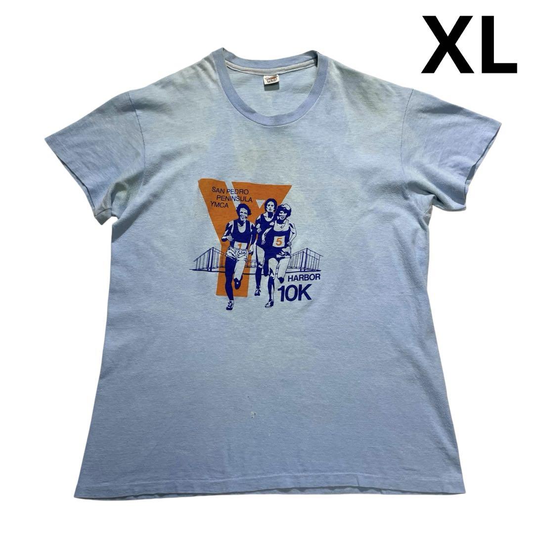 70s USA製 Hanes マラソン Tシャツ XL 水色 両面プリント