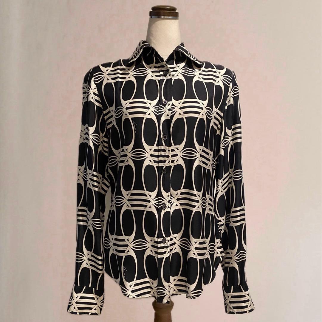 GUCCI 総柄シルクシャツ サイズ42 イタリア製 絹100% 難有 グッチ