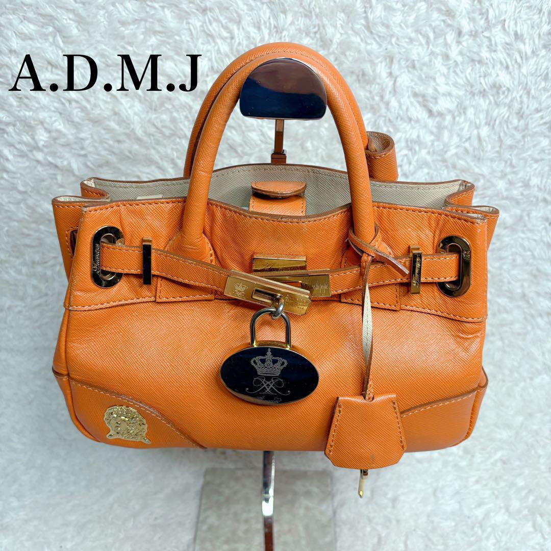 A.D.M.J ハンドバッグ　オレンジ　カデナ　南京錠　チェック