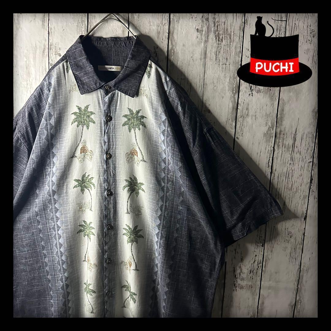 【ラインシャツ】キューバ☆アロハ☆レーヨン☆グレー☆オーバーサイズ☆XL