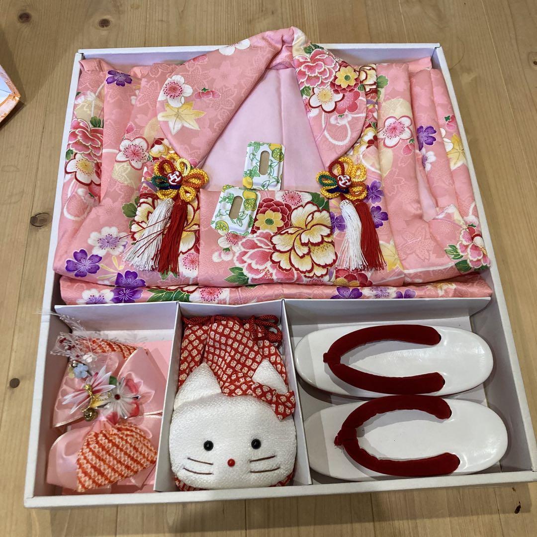 七五三 3歳用 正絹 花柄ピンク お着物フルセット