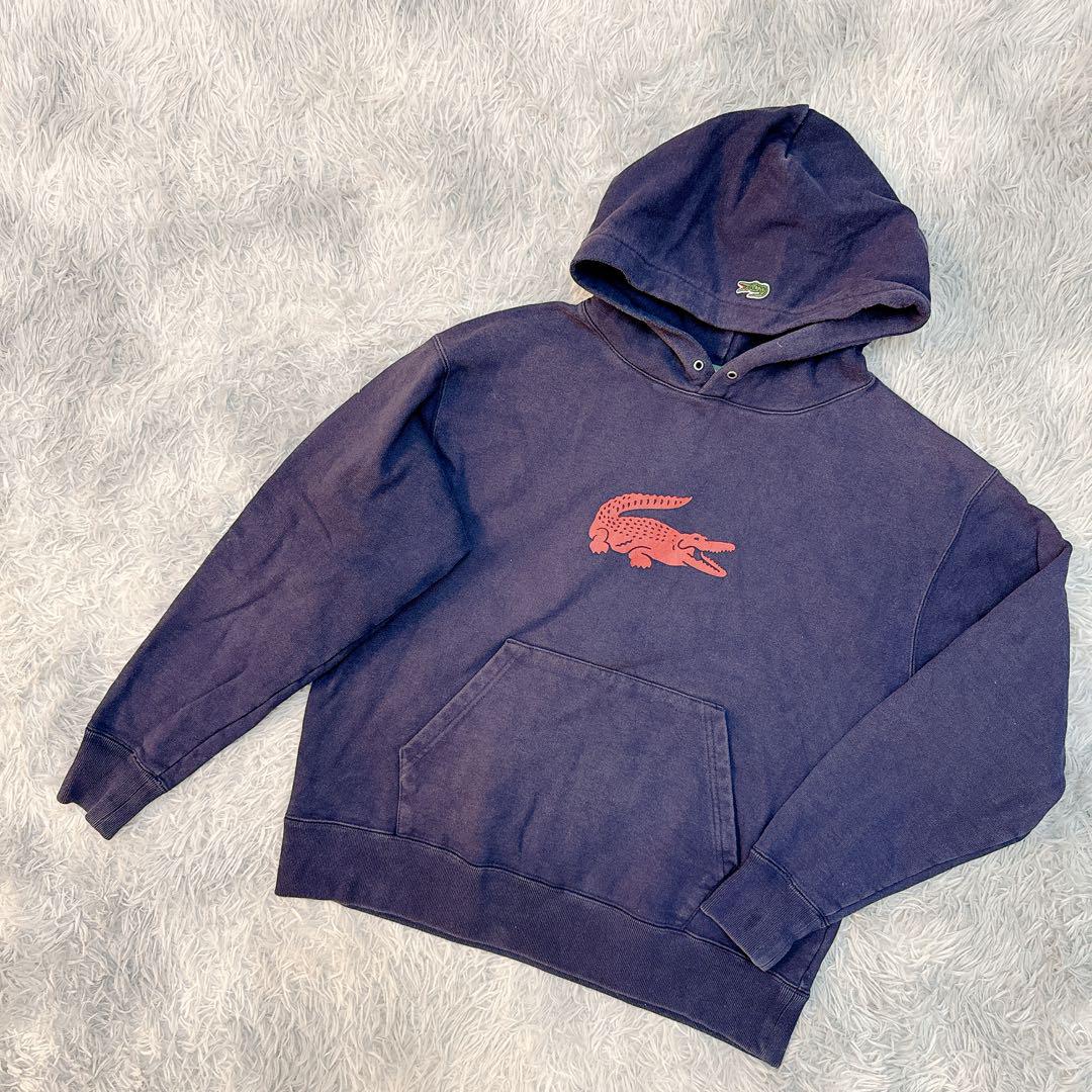 LACOSTE x BEAMS BOY 別注プリント フーディー ネイビー 36 LACOSTE x BEAMS BOY 別注プリント フーディー ネイビー 36