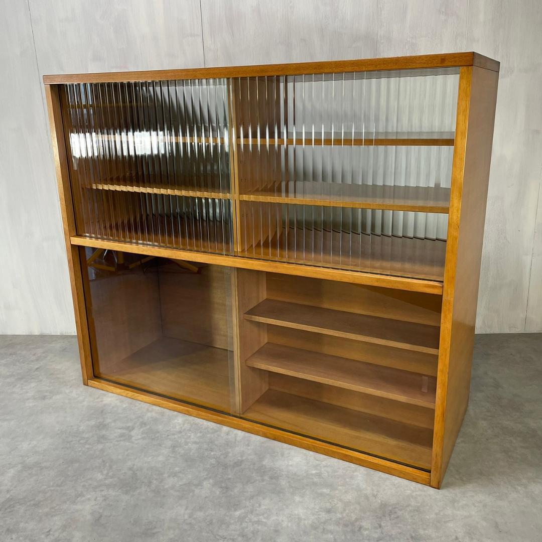 ヴィンテージ 無垢材 モールガラス ガラス棚 両面仕様 カウンター