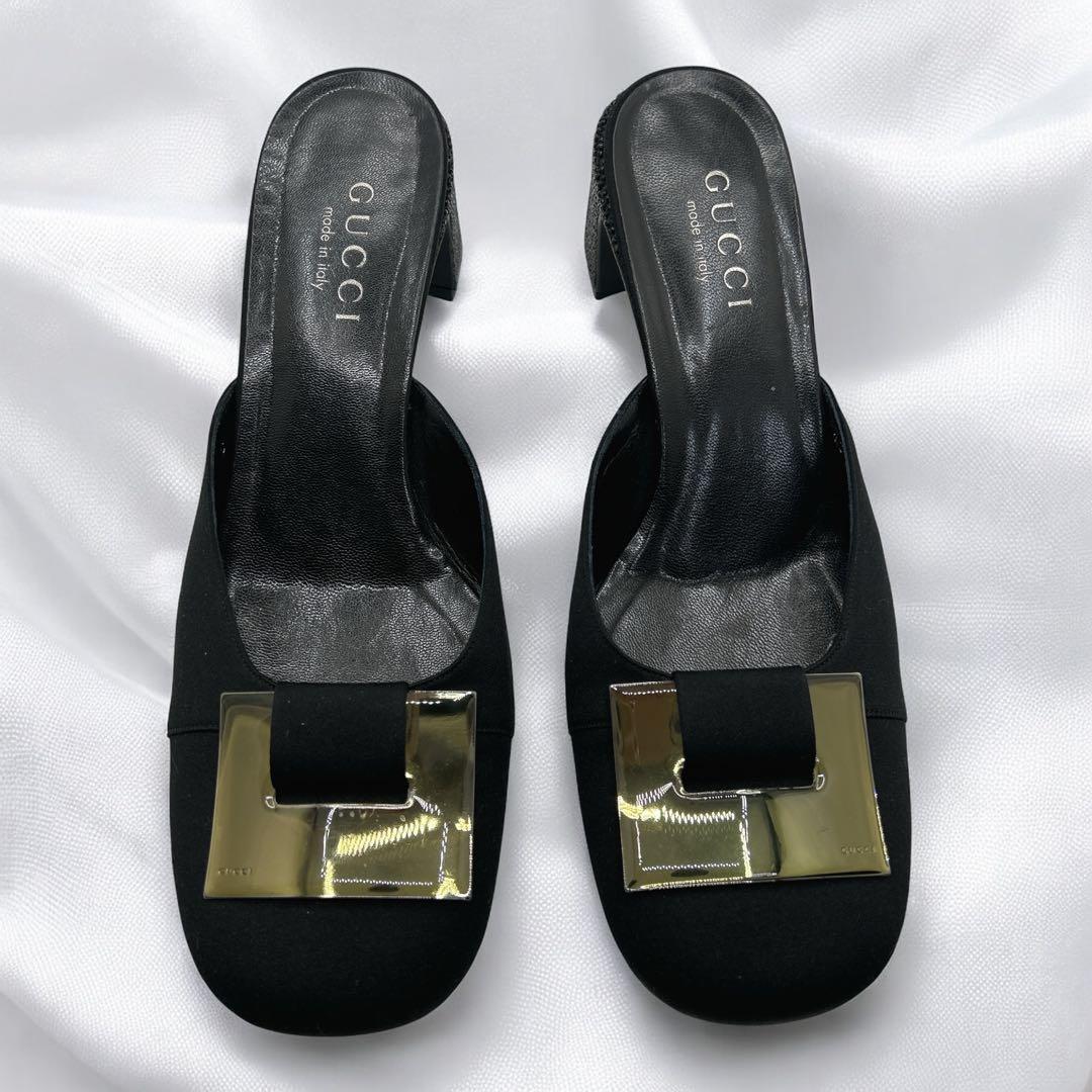 GUCCI グッチ メタルバックル ブラック ヒールサンダル 38C