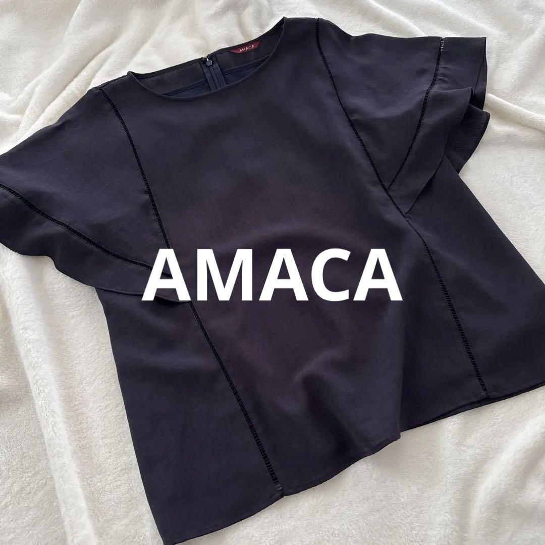 AMACA アマカ ネイビー フリルブラウス 38
