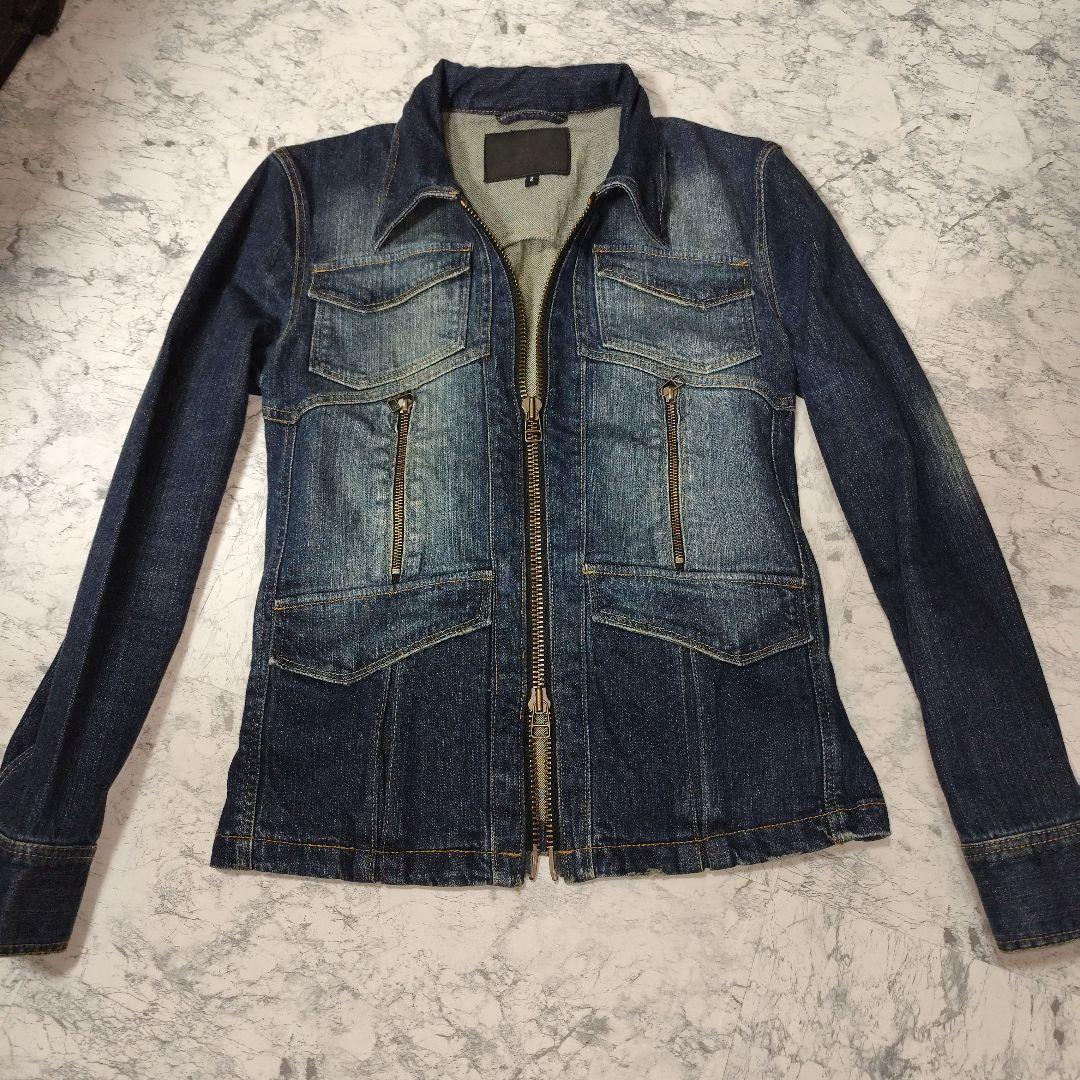 美品　ノーアイディー　ダークデニムライダース ジャケット　ブリーチ・ダメージ加工