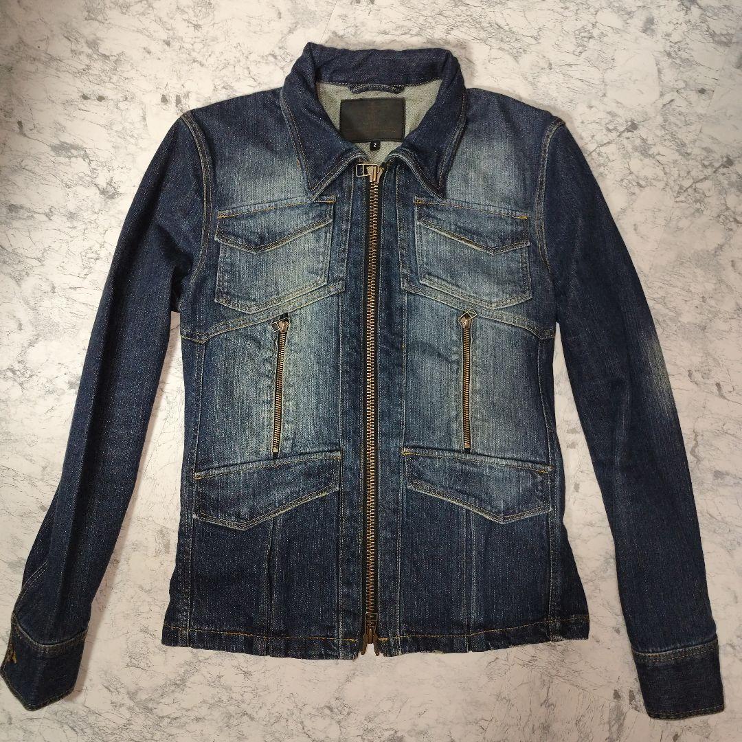 美品　ノーアイディー　ダークデニムライダース ジャケット　ブリーチ・ダメージ加工