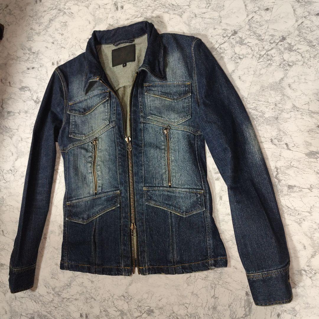 美品　ノーアイディー　ダークデニムライダース ジャケット　ブリーチ・ダメージ加工