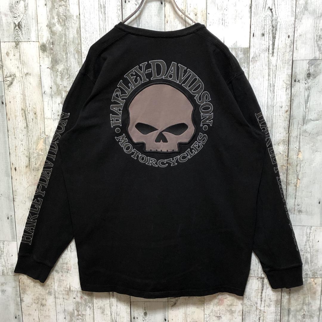 ハーレーダビッドソン スカル 刺繍ロゴ スリーブロゴ 黒 XL ロンT 90s