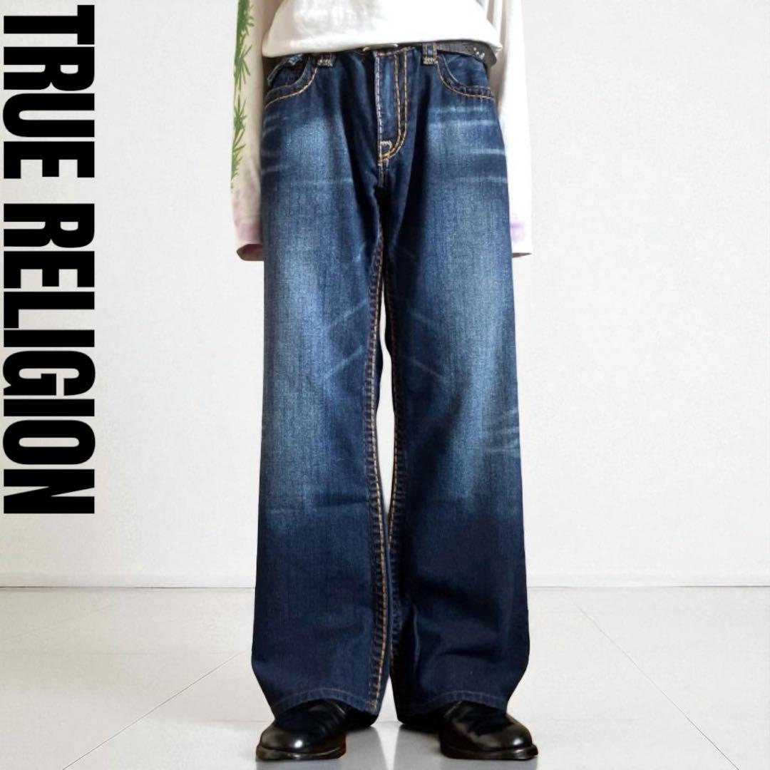 USA製00s TRUE RELIGION バギーフレアデニム 極太ステッチ