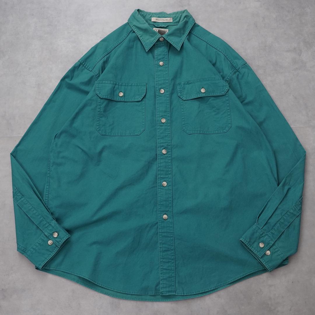 エルエルビーン 無地 シャツ ワークシャツ 古着 ポケット L 緑 14004