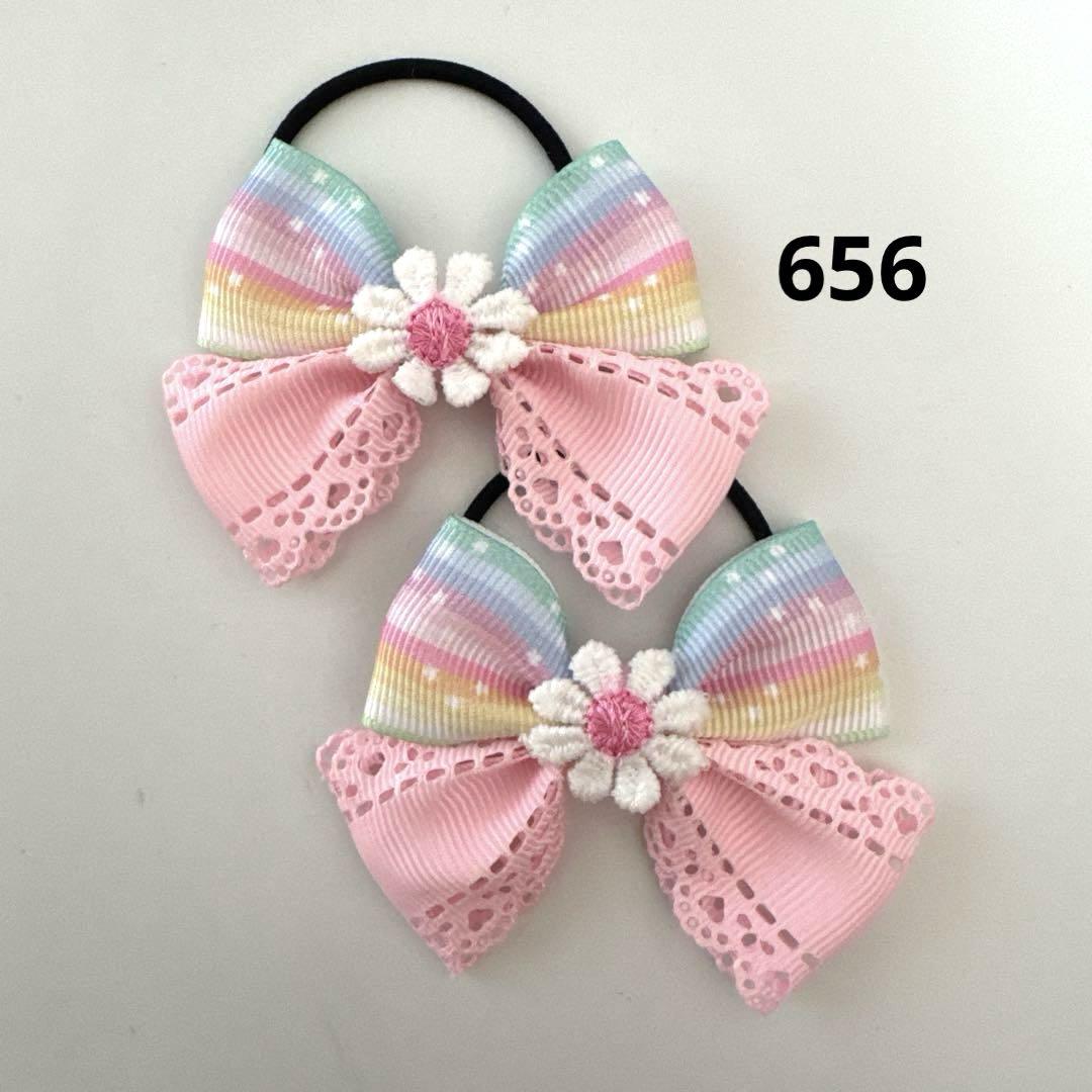 656 ヘアゴム リボン キッズ レインボー ハンドメイド - メルカリ