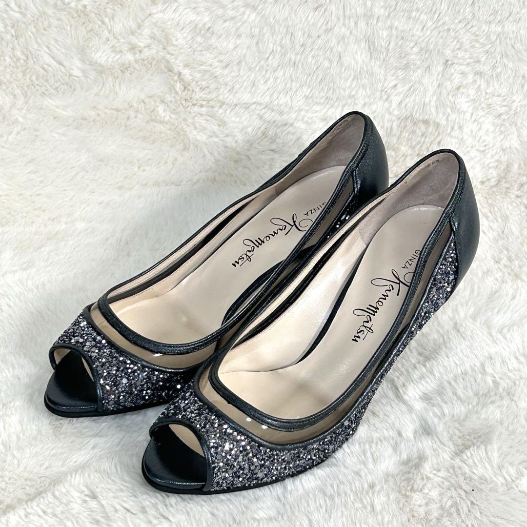 【銀座かねまつ】パンプス グリッター装飾 オープントゥ 結婚式 二次22.5cm
