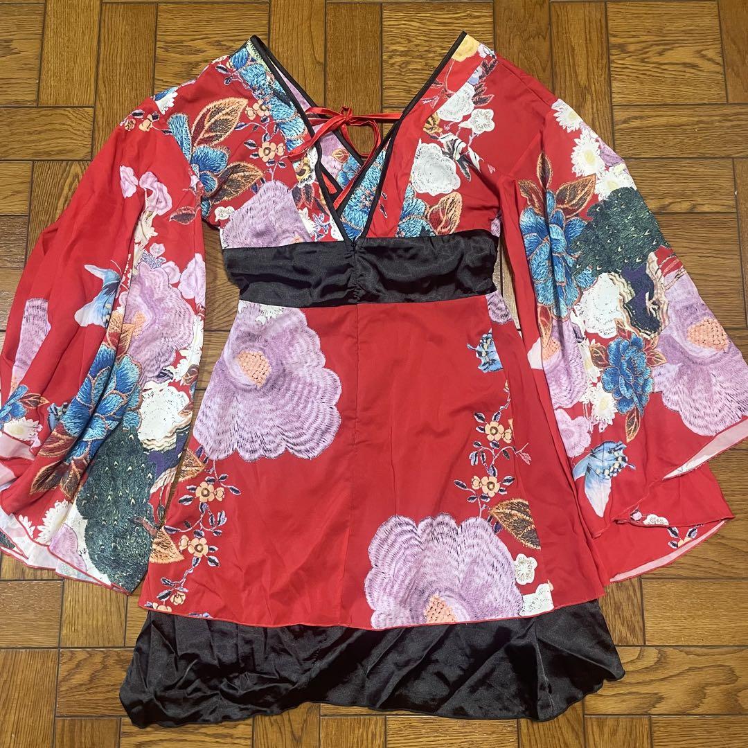 花柄 ミニ シフォン 豪華 帯 リボン 花魁 着物 ドレス コスプレ