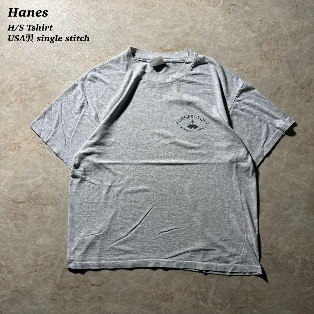 Hanesプリント半袖TシャツUSA製シングルステッチ短丈杢グレーunisex