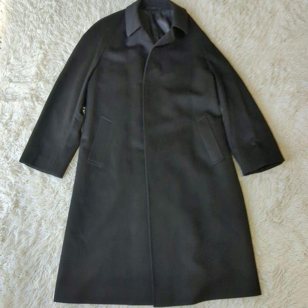 【カシミヤ100%】エクセレント　ステンカラーコート　比翼　ロング　黒　XL
