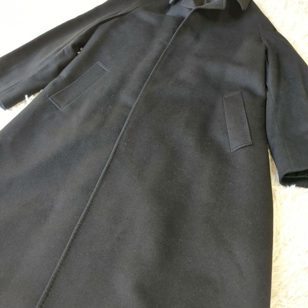 【カシミヤ100%】エクセレント　ステンカラーコート　比翼　ロング　黒　XL