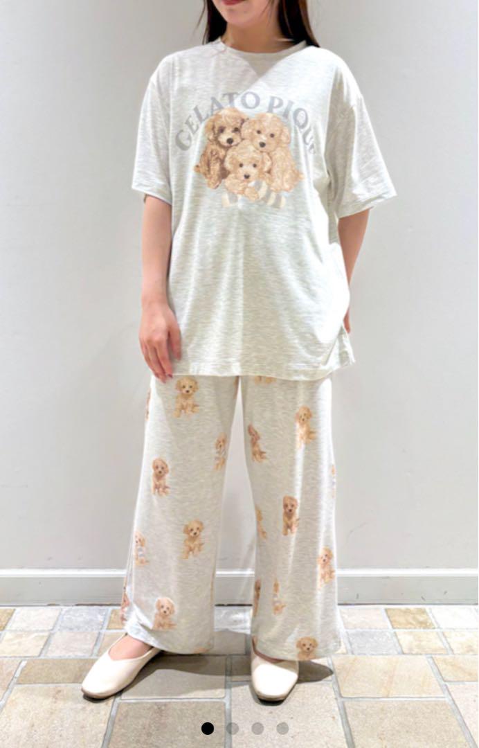 ジェラートピケ　トイプードルワンポイントTシャツ&ロングパンツ