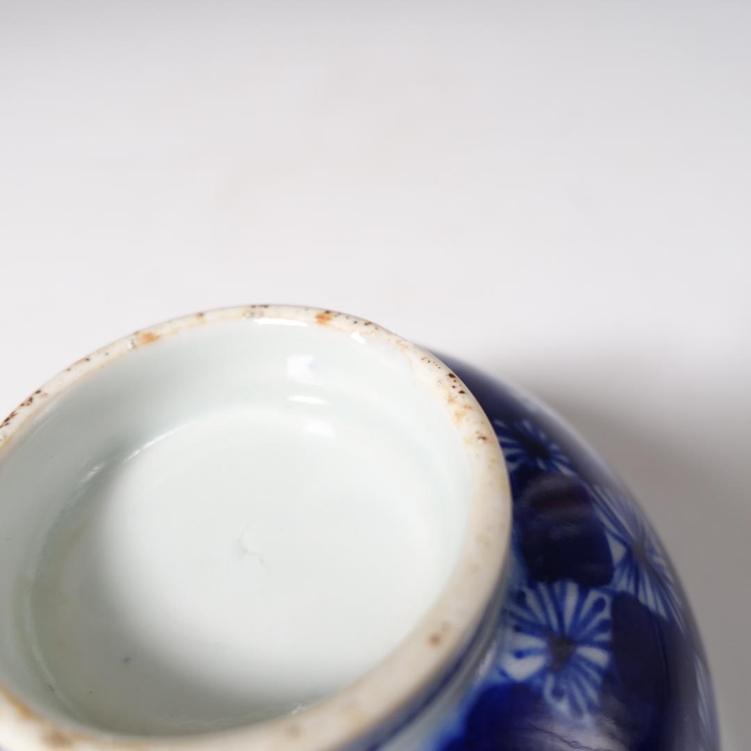 明治期 総手描 ベロ藍 蓋茶碗 5客 時代