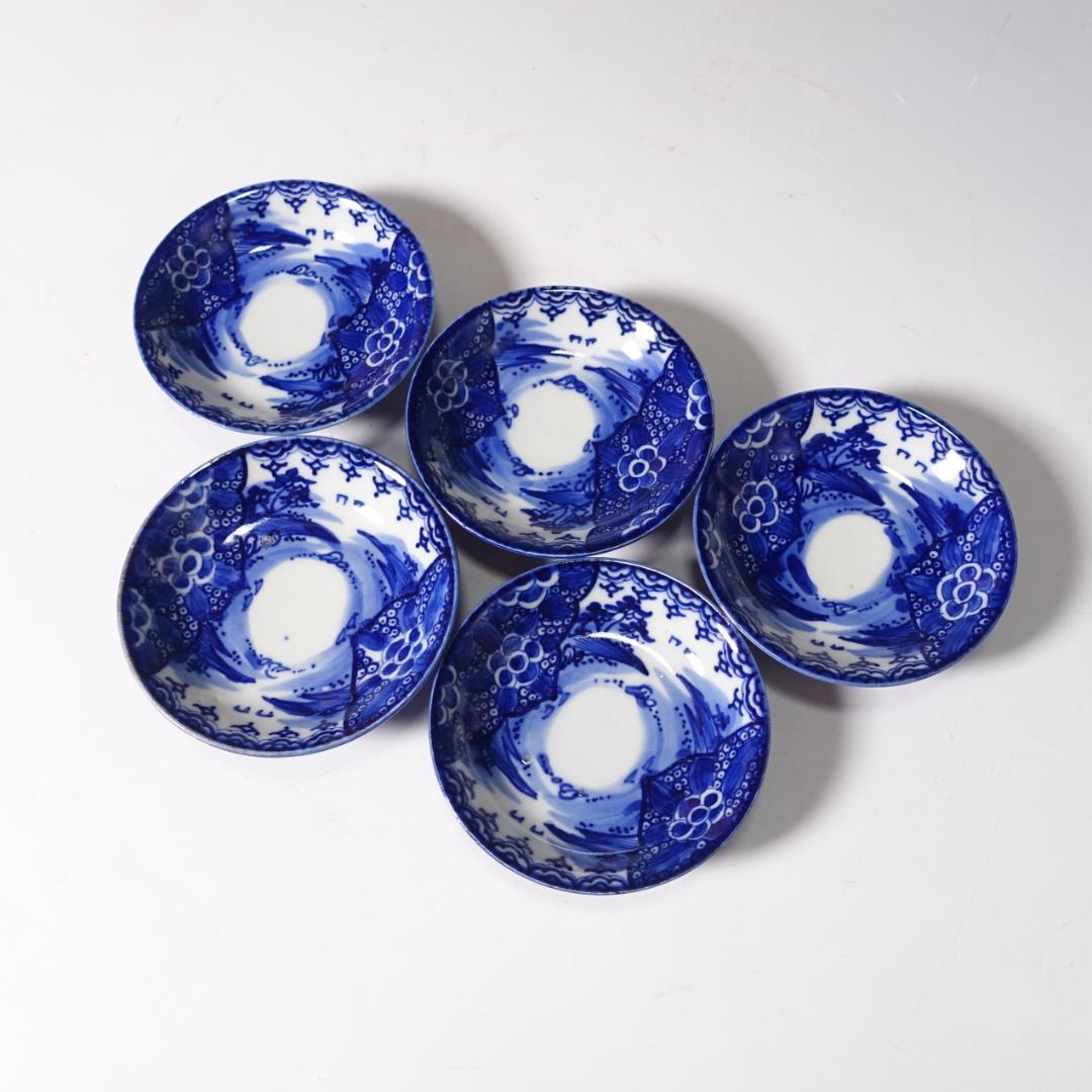明治期 総手描 ベロ藍 蓋茶碗 5客 時代