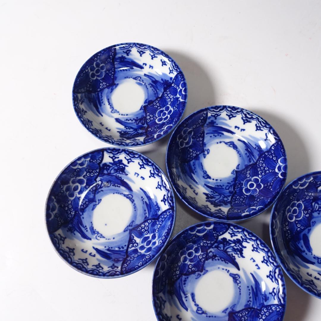 明治期 総手描 ベロ藍 蓋茶碗 5客 時代