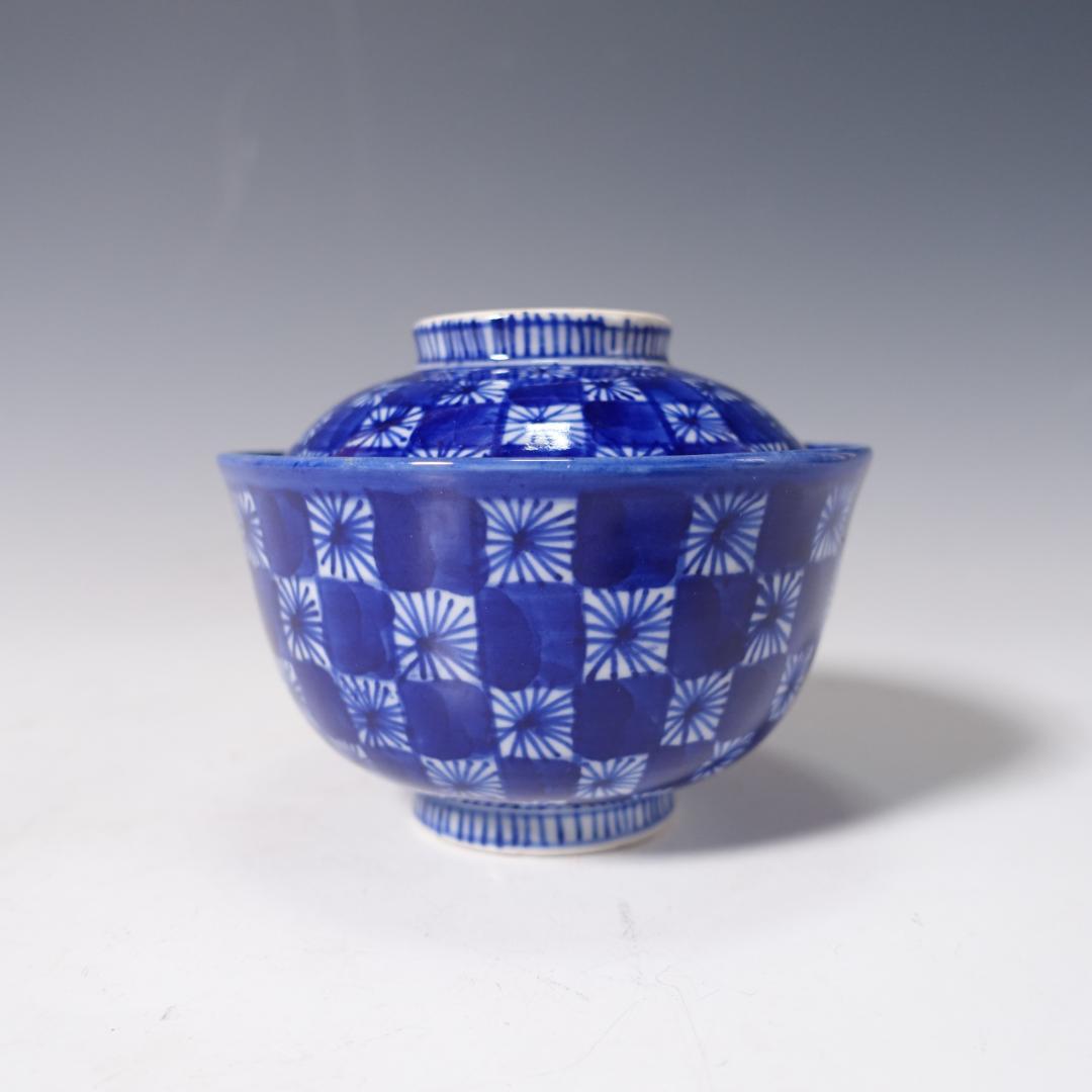 明治期 総手描 ベロ藍 蓋茶碗 5客 時代