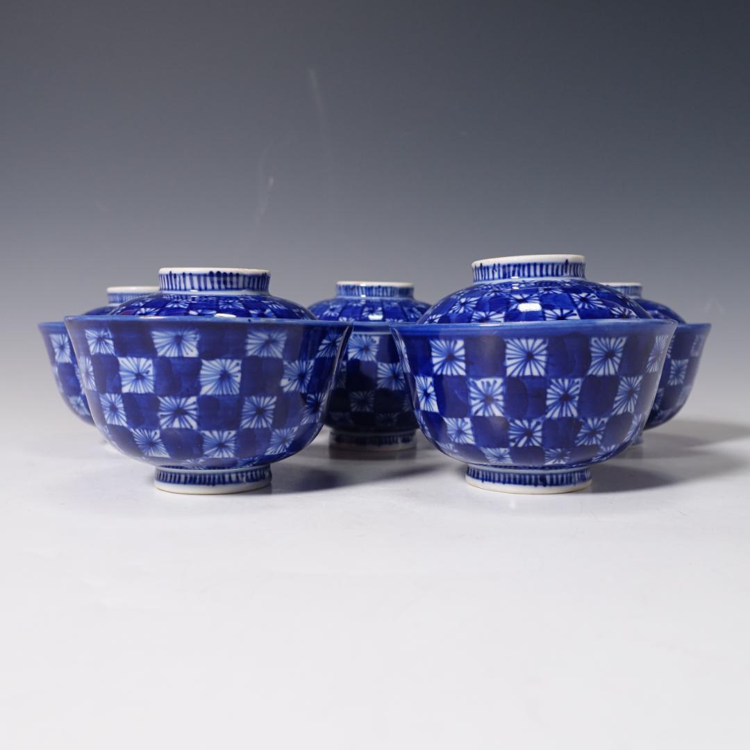 明治期 総手描 ベロ藍 蓋茶碗 5客 時代