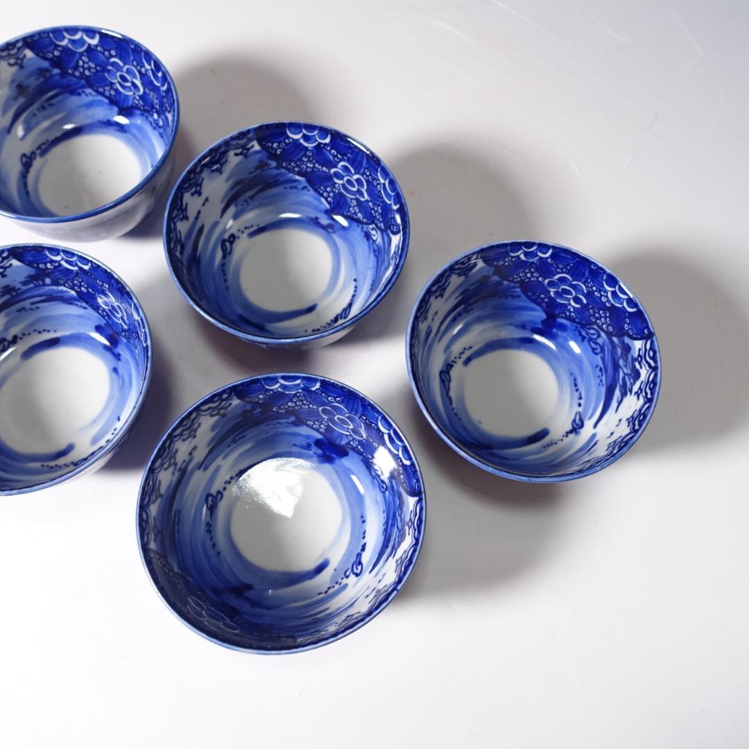 明治期 総手描 ベロ藍 蓋茶碗 5客 時代