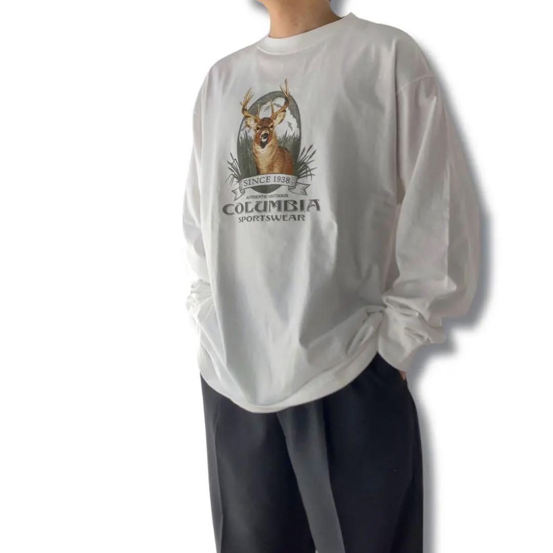 90s USA製 コロンビア アニマル ビンテージ ホワイト 長袖 Tシャツ