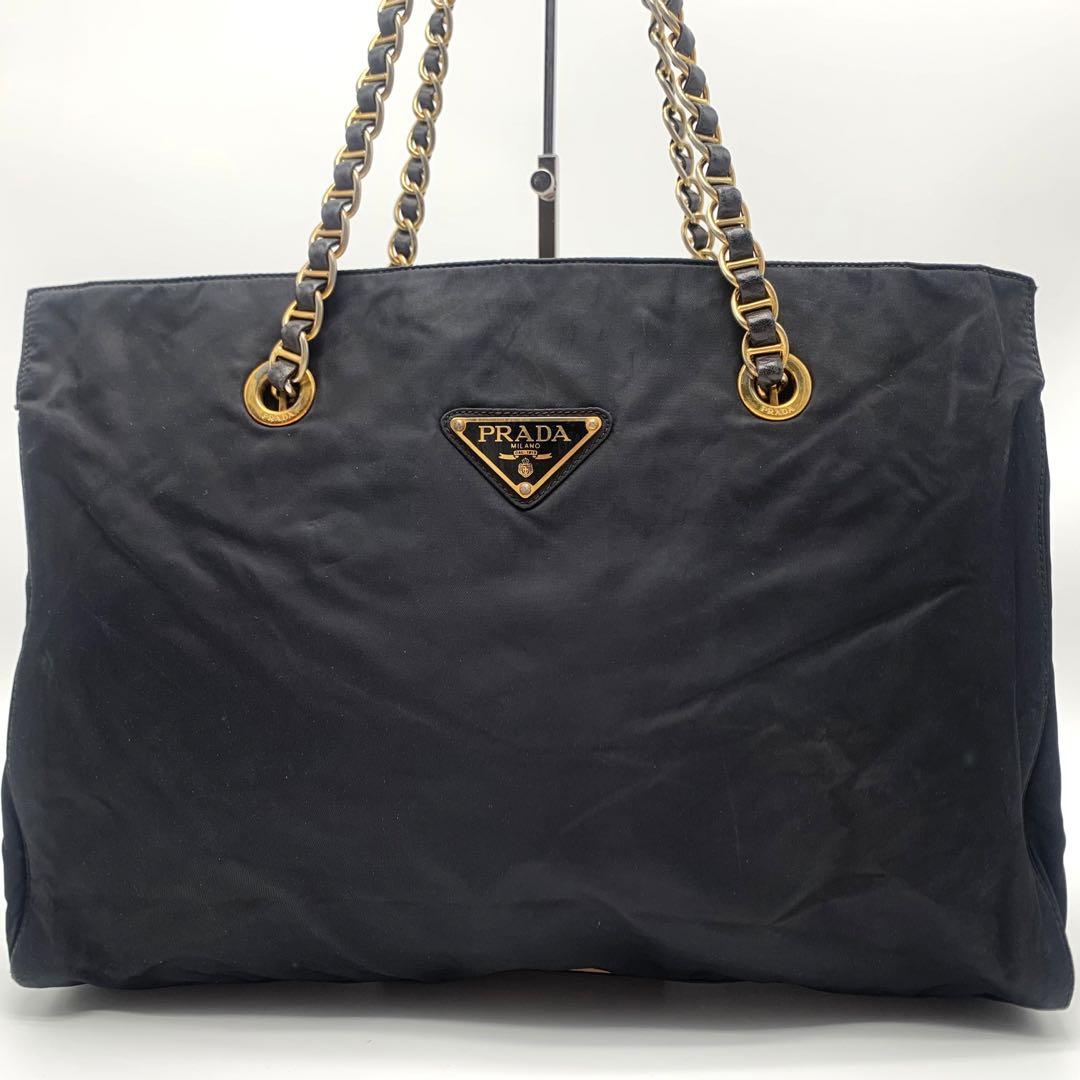 PRADA ダブルチェーン 三角ロゴ ショルダーバッグ トートバッグ ブラック