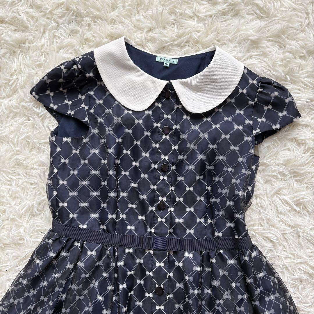 極美品 TOCCA ワンピース 140 リボン柄 シフォン ネイビー 発表会