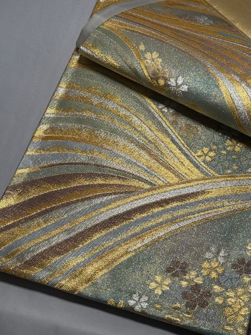 [未使用] 未仕立て　袋帯　正絹　金　銀　熨斗　桜　成人式　結婚式　振袖　Z