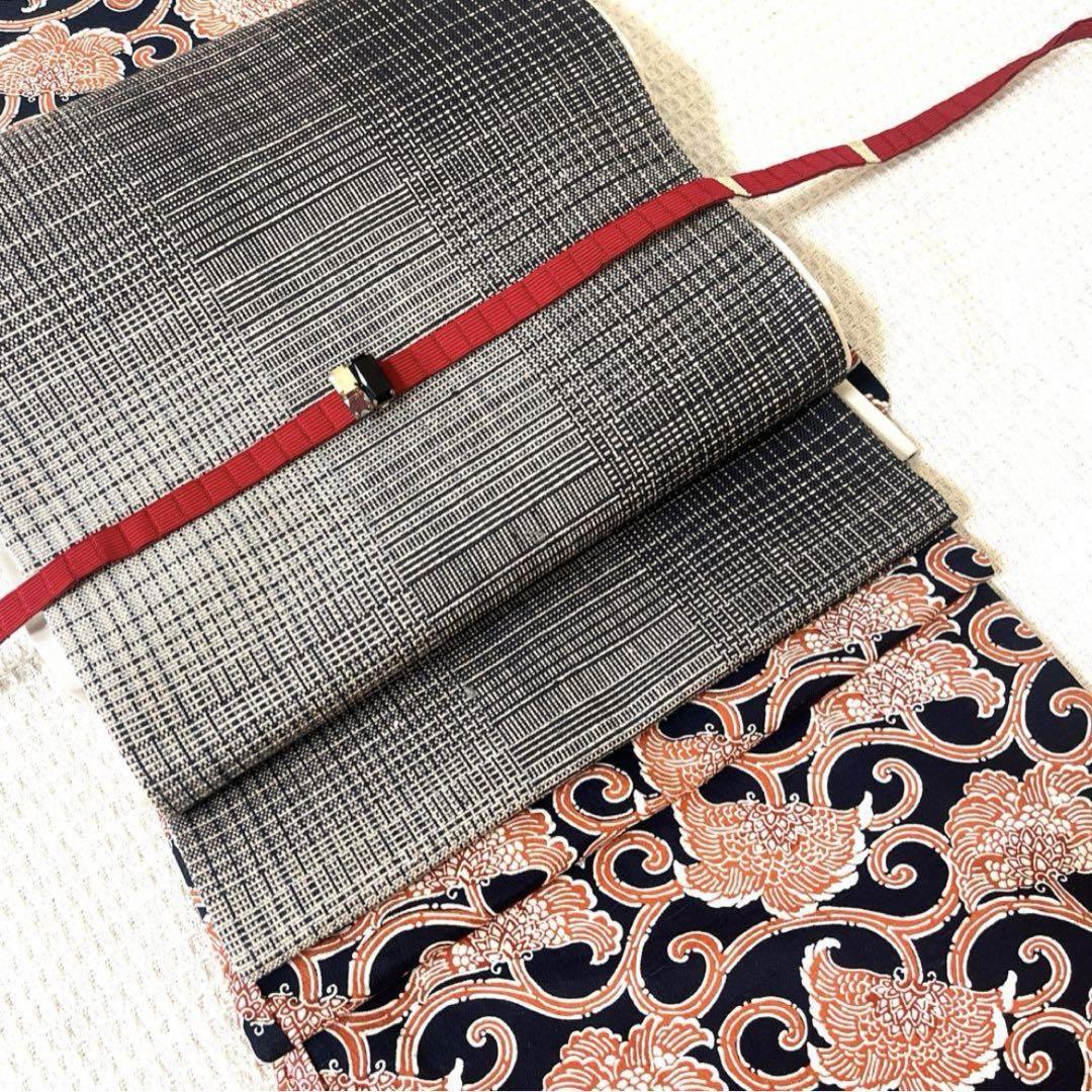 洗える着物 紬風 型染め 花唐草 ネイビー 濃紺 お仕立て品 美品