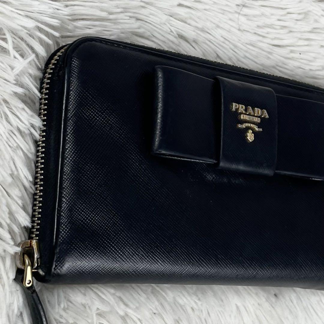 極美品 PRADA オールレザー 長財布 ラウンドファスナー リボン ブラック