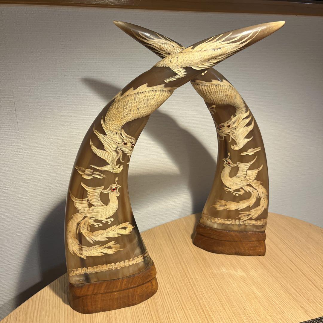 角 造形 龍-鶏 オブジェ 2本セット