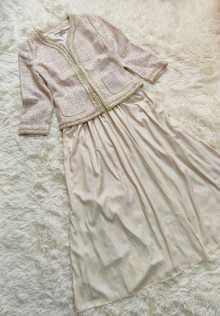 ZARA ツイード ピンク スーツ フォーマル グリーンレーベル ノーカラー