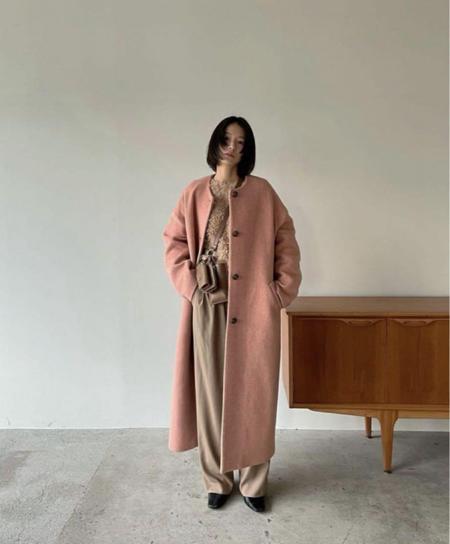 CLANE. COLLORLESS WOOL COCOON COAT ピンク