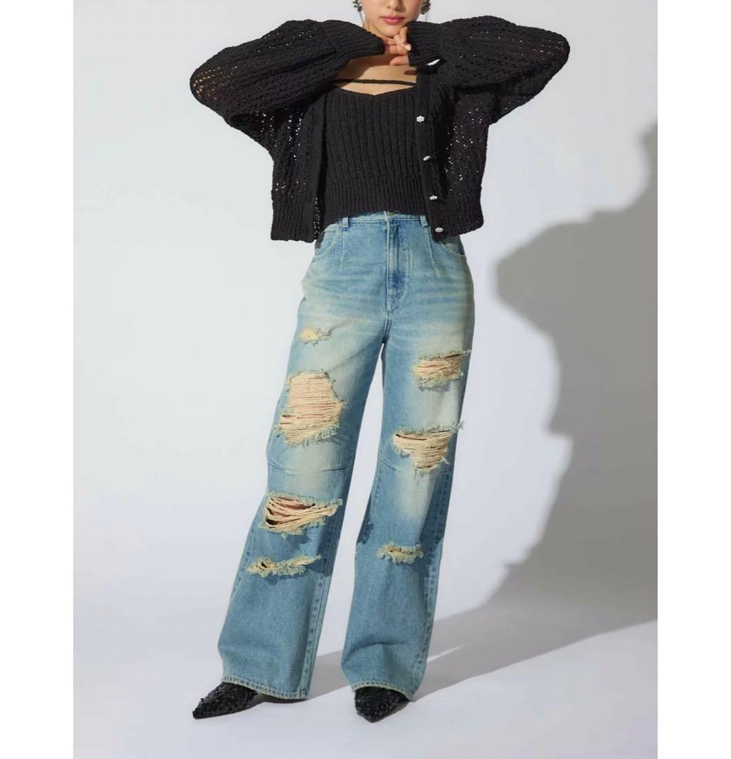 2025SS リエンダ クラッシュワイドジャストウエストデニムパンツM rienda