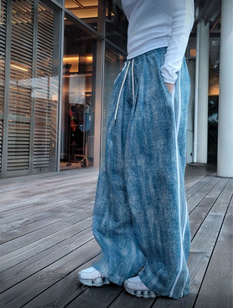 ストライプデザイン デニム風ワイドパンツ 韓国セレクト SIZE GINKGOPHARMACY_COM