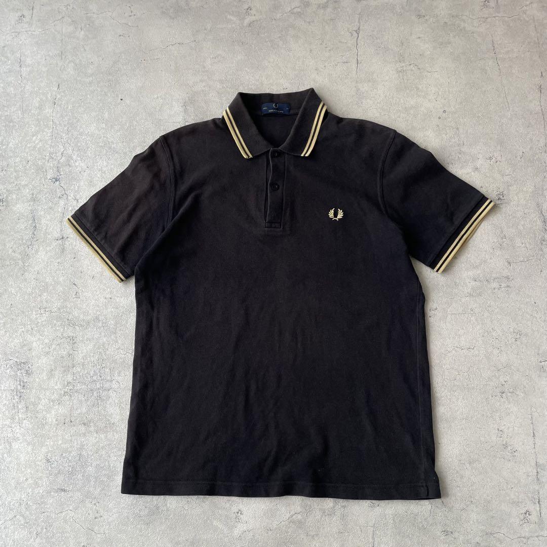 人気色 FRED PERRY ポロシャツ 黒 金 フレッドペリー 半袖 イングランド製 フレッドペリー 半袖ポロシャツ 38 黒 金