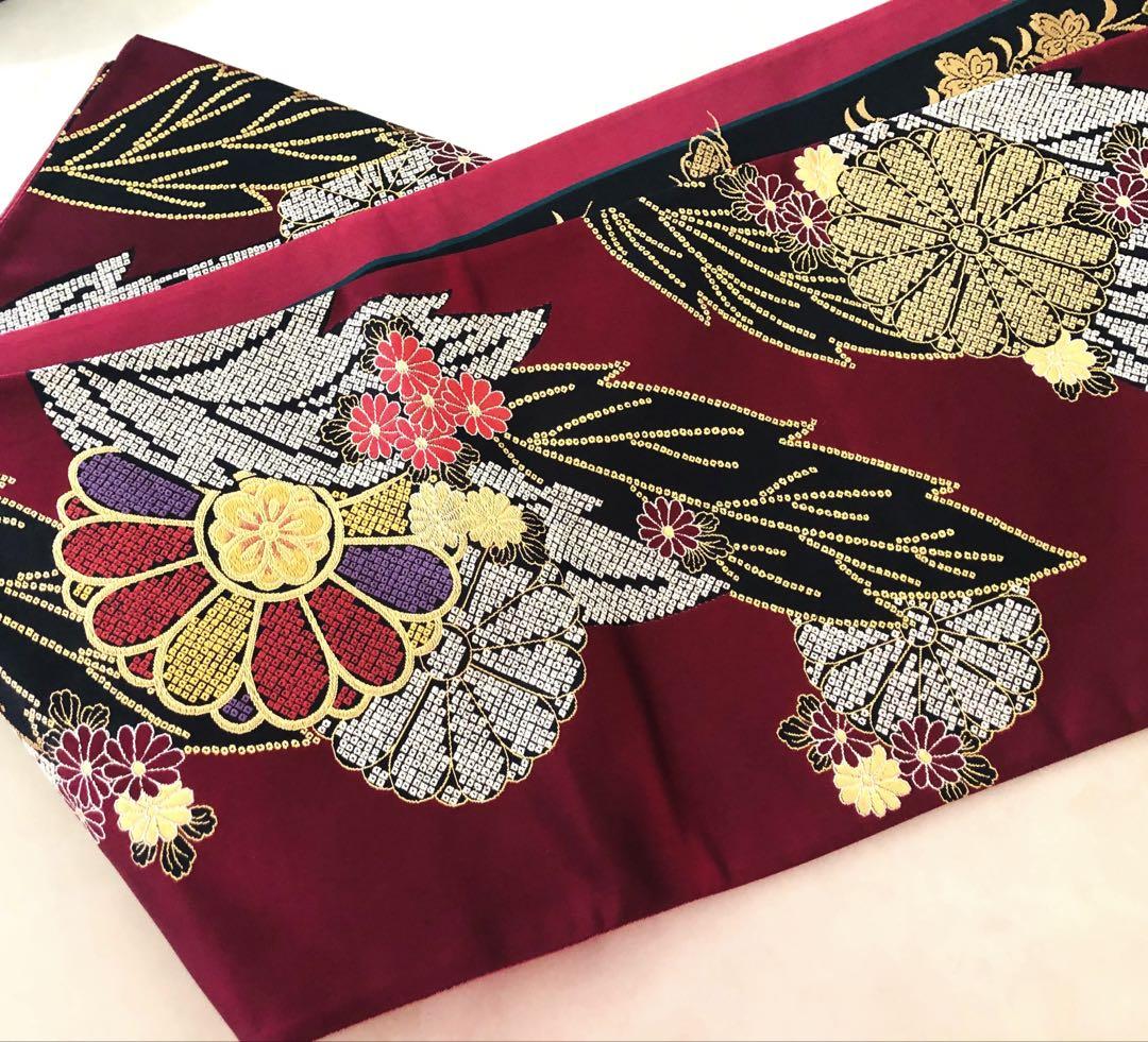 超美品】花柄 金糸パステルカラー刺繍加工 ワイン色 袋帯