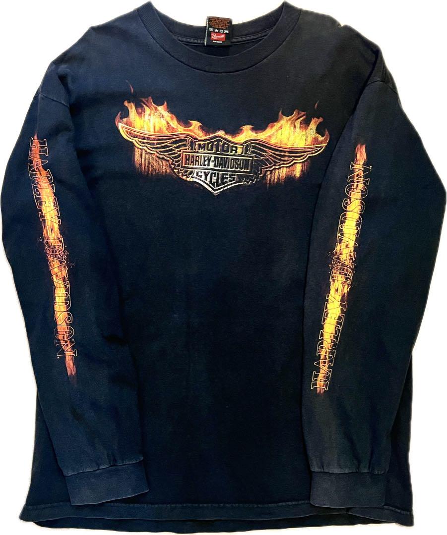 USA製 Harley Davidson ファイヤー ロンT 鬼フェード 短丈 00's Harley-Davidson fire pattern LS T-shirt Made in USA