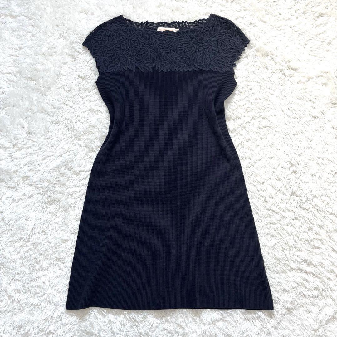 TORY BURCH ネイビー刺繍ワンピース 美品】トリーバーチ ニットワンピース 刺繍レース ワッフル生地