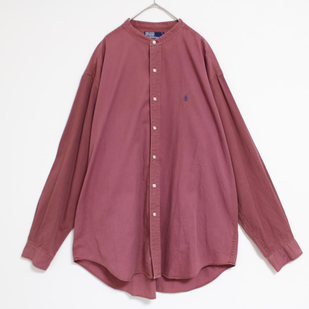 ラルフローレン バンドカラーシャツ 長袖 XL えんじ ノーカラー 90s