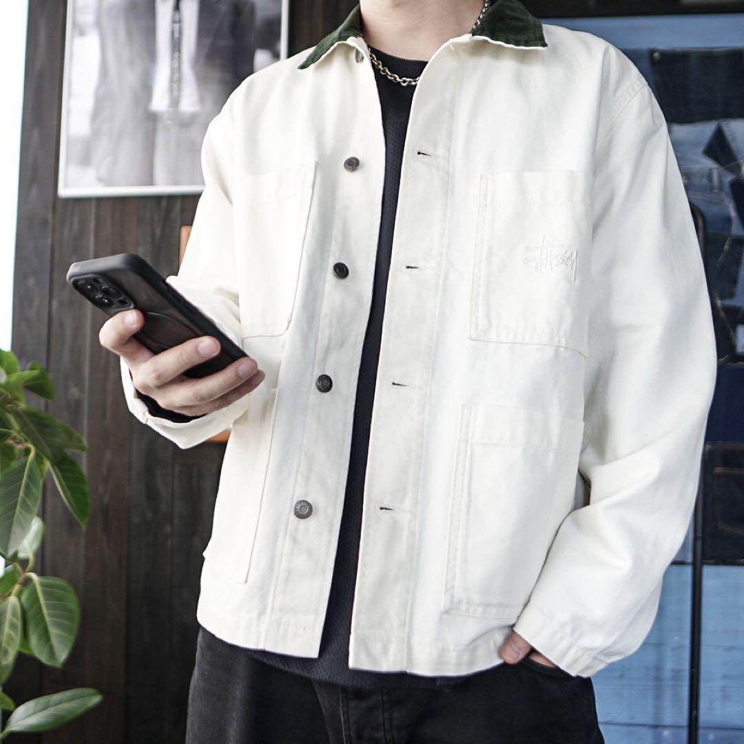 STUSSY カバーオール ホワイト 刺繍ロゴ M