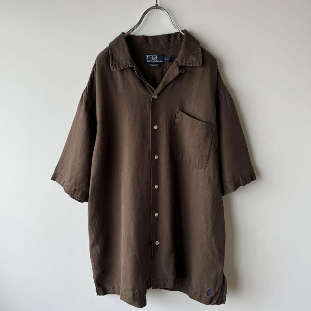 POLO ポロ ラルフローレン L 茶色 リネン シルク オープンカラー