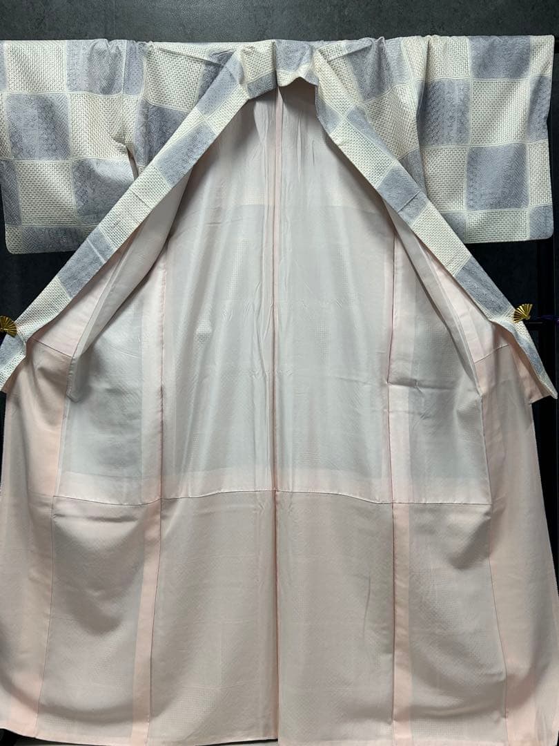 FGS-7 小紋　紬　刺し子　汕頭刺繍　総刺繍　市松文様　身丈長め